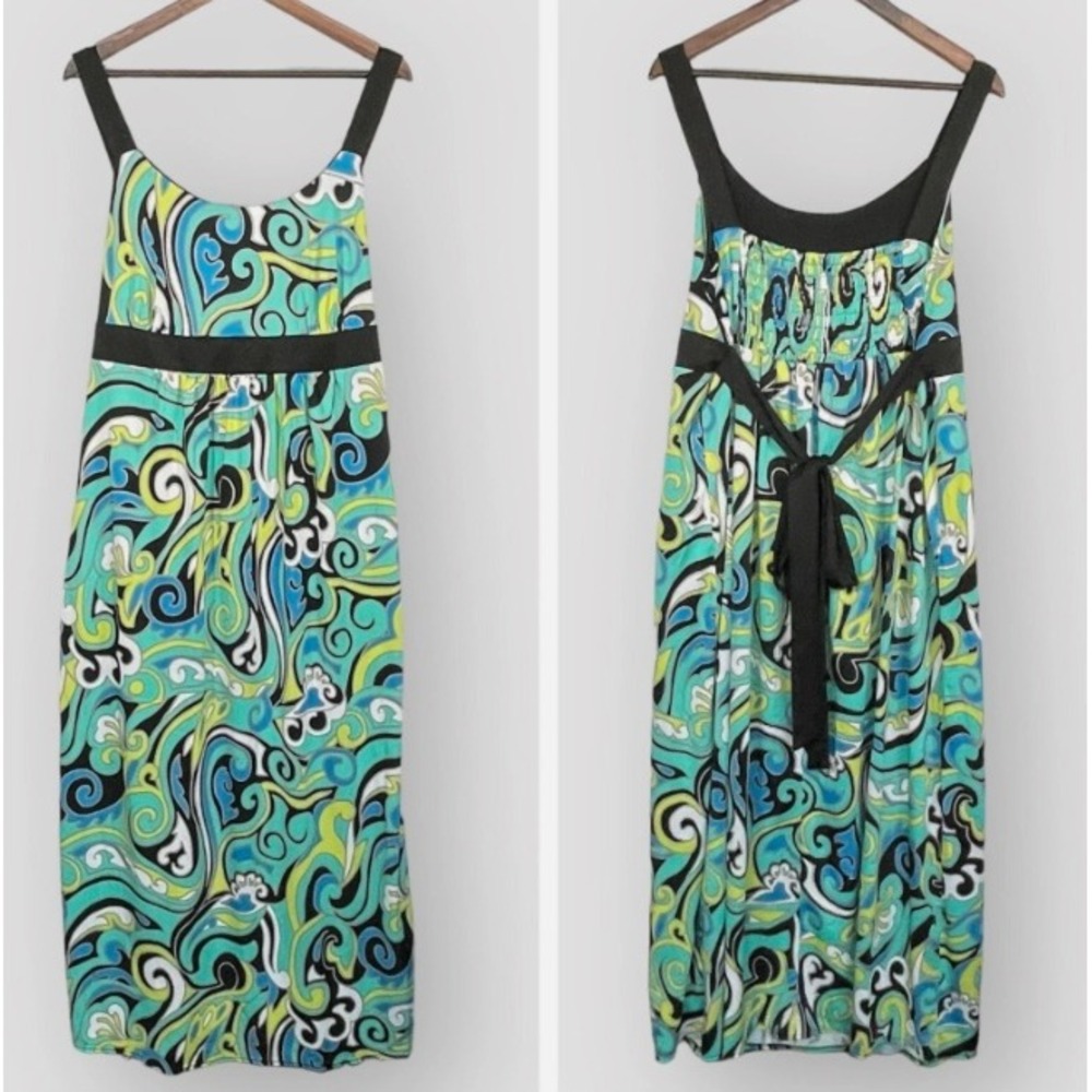 Madison Leigh Woman Teal Paisley Sleeveless Maxi Dress 16W Empire Waist Tie Back